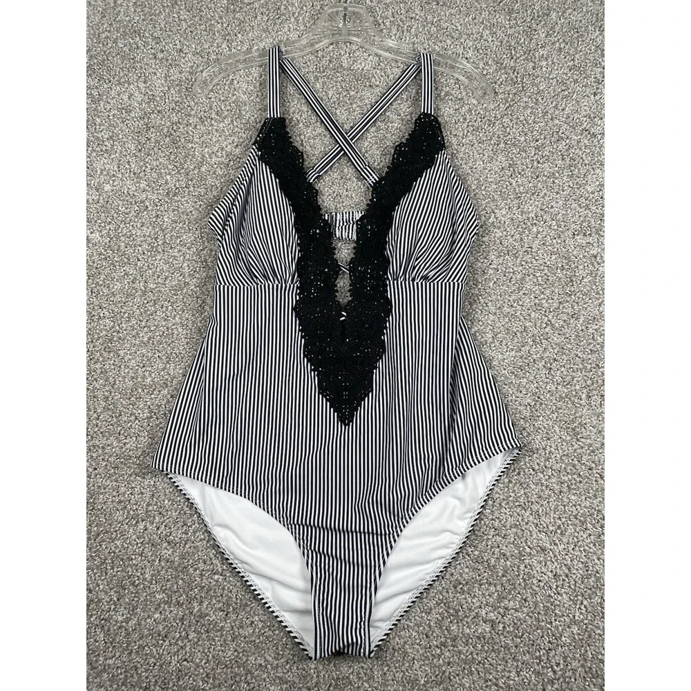 Cupshe Wish You Well One Piece Swimsuit 0X Black White Striped Lace Plunge NWT
